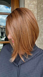 Jenny B. @thewiggygirl wearing CURRENT EVENTS by RAQUEL WELCH WIGS in color RL29/33SS ICED PUMPKIN SPICE | Strawberry Blonde Shaded with Dark Red-Brown
