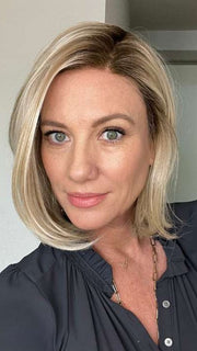 Jenny B. wearing HAUTE by JON RENAU in color FS17/101S18 PALM SPRINGS BLONDE | Light Ash Blonde with Pure White Natural Violet Bold Highlights, Shaded with Dark Natural Ash Blonde