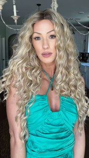 Jenna Fail @jenna_fail wearing CURLY GIRLIE by HAIRDO in color SS25 SHADED GINGER BLONDE | Golden Blonde with Subtle Highlights and Medium Brown Roots