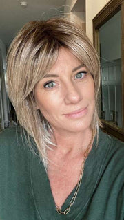 Jenny B. @thewiggygirl wearing ALVA by NORIKO in color MELTED-MARSHMALLOW | Subtly Warm Dark Sandy Blonde Blend with Medium Brown Roots and Light Ash Blonde Tips and Highlights