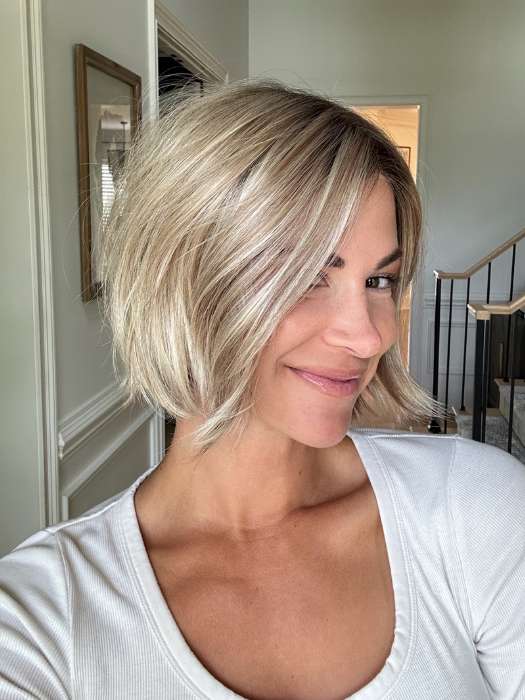 Katy C. @thewigeducator wearing KENNEDY by ESTETICA in color RH1488RT8 | Highlighted Copper Blonde with Golden Brown Roots