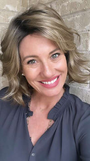 Jenny B. @thewiggygirl wearing MARSHA by ENVY in color GOLDEN SANDSTONE | Creamy Beige-Blonde with Darker Brown Roots