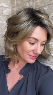 Jenny B. @thewiggygirl wearing MARSHA by ENVY in color GOLDEN SANDSTONE | Creamy Beige-Blonde with Darker Brown Roots