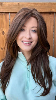 Steph B. @wigswithsteph wearing SCENE STEALER by RAQUEL WELCH WIGS in color RL6/30 COPPER MAHOGANY | Medium Brown Evenly Blended with Medium Auburn