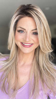 Sandy H. @i_be_wiggin wearing MIRAGE by ELLEN WILLE in color CHAMPAGNE-ROOTED 24.25.20 | Light Beige Blonde, Medium Honey Blonde, and Platinum Blonde Blend with Dark Roots