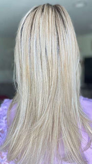 Sandy H. @i_be_wiggin wearing MIRAGE by ELLEN WILLE in color CHAMPAGNE-ROOTED 24.25.20 | Light Beige Blonde, Medium Honey Blonde, and Platinum Blonde Blend with Dark Roots