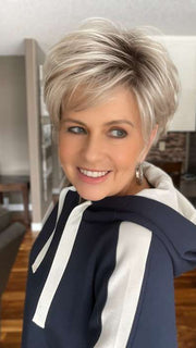 Donna @style.me.ageless wearing RAISE by ELLEN WILLE in color PEARL-BLONDE-ROOTED 101.24.16 | Pearl Platinum, Dark Ash Blonde, and Medium Honey Blonde mix