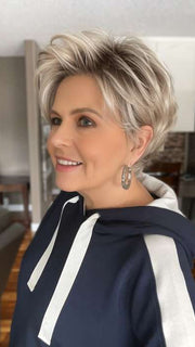 Donna @style.me.ageless wearing RAISE by ELLEN WILLE in color PEARL-BLONDE-ROOTED 101.24.16 | Pearl Platinum, Dark Ash Blonde, and Medium Honey Blonde mix