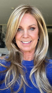 Susan Sparks @sparkles_intheworld wearing ZARA by JON RENAU in color 12FS12 MALIBU BLONDE | LIght Gold Brown, Light Natural Gold Blonde, Pale Natural Gold-Blonde Blend, Shaded with Light Gold Brown