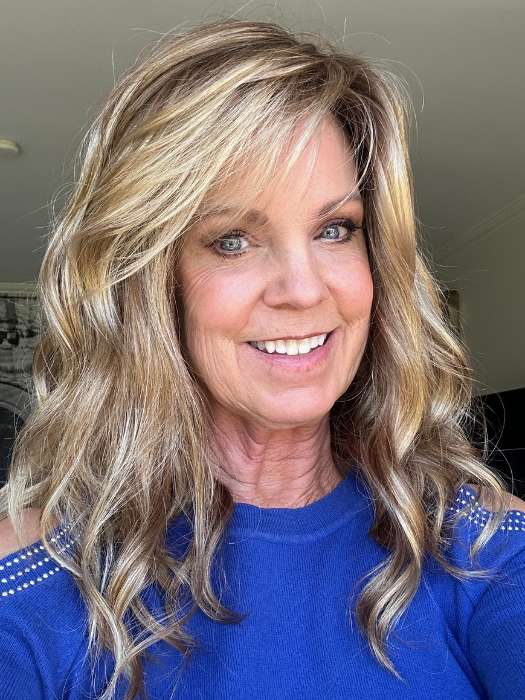 Susan Sparks @sparkles_intheworld wearing RACHEL by JON RENAU in color 14/26S10 SHADED PRALINES N' CREAM | Light Gold Blonde & Medium Red-Gold Blonde Blend, Shaded with Light Brown