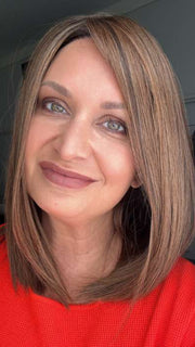 Emily Herrin @she_sheds_more wearing DRIVE by ELLEN WILLE in color CHOCOLATE ROOTED 830.27.6 | Medium to Dark Brown base with Light Reddish Brown highlights and Dark Roots
