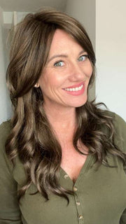 Jenny B. @thewiggygirl wearing AMBER by JON RENAU in color 8RH14 MOUSSE CAKE | Medium Brown with 33% Medium Natural Blonde Highlights