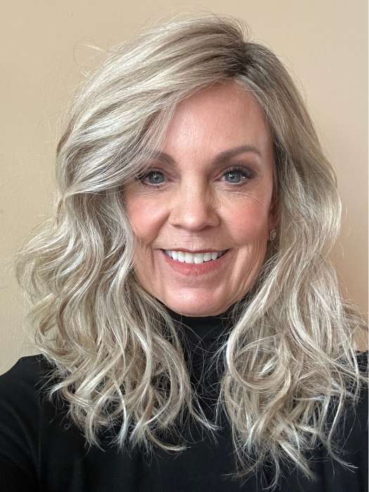 Susan Sparks @sparkles_intheworld wearing ALLURING LOCKS by GABOR in color GF19-23SS BISCUIT | Light Ash Blonde Evenly Blended with Cool Platinum Blonde with Dark Roots