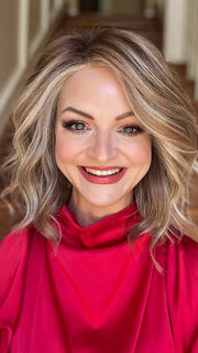 Sandy @i_be_wiggin wearing SIMMER by RAQUEL WELCH WIGS in color RL12/22SS SHADED CAPPUCCINO | Light Golden Brown Evenly Blended with Cool Platinum Blonde Highlights with Dark Roots