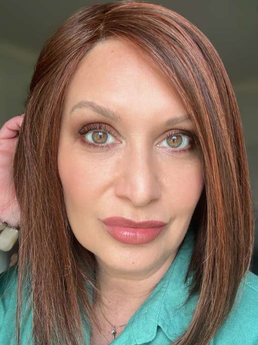 Emily Herrin @she_sheds_more wearing CURRENT EVENTS by RAQUEL WELCH WIGS in color RL32/31 CINNABAR | Medium Dark Auburn Evenly Blended with Medium Light Auburn