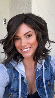Katy C. @thewigeducator wearing EDITOR'S PICK by RAQUEL WELCH WIGS in color RL4/10SS ICED JAVA | Off Black shaded with Dark Brown
