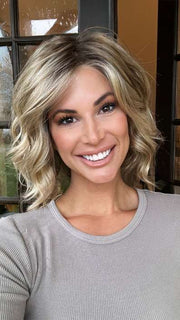 Katy C. @thewigeducator wearing JANUARY by JON RENAU in color 12FS8 SHADED PRALINE | Light Gold Brown, Light Natural Gold Blonde & Pale Natural Gold-Blonde Blend, Shaded with Medium Brown