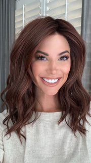Katy C. @thewigeducator wearing BEACH WAVE MAGIC by TRESSALLURE in color 10/130R | Bright Red with Medium Brown roots