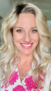 Jenny B. @thewiggygirl wearing BLAZE by ESTETICA in color SUNLIT-BLONDE | Soft Blend of Sandy Blonde, Lightest Blonde and Iced Blonde with a Light Golden Brown Root 