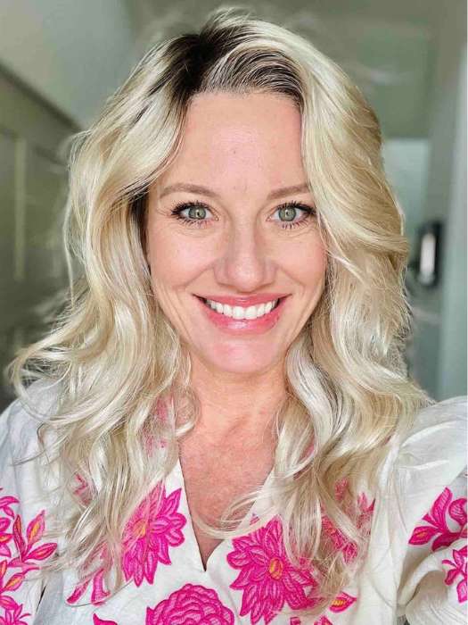 Jenny B. @thewiggygirl wearing BLAZE by ESTETICA in color SUNLIT-BLONDE | Soft Blend of Sandy Blonde, Lightest Blonde and Iced Blonde with a Light Golden Brown Root 