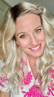 Jenny B. @thewiggygirl wearing BLAZE by ESTETICA in color SUNLIT-BLONDE | Soft Blend of Sandy Blonde, Lightest Blonde and Iced Blonde with a Light Golden Brown Root 