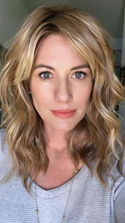 Jenny B. @thewiggygirl wearing BEACH WAVE MAGIC by TRESSALLURE in color 14/26/R10 | Red Blonde with Gold Blonde highlights and Light Brown roots