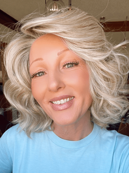 Alicia F. @wigginout wearing EDITOR'S PICK by RAQUEL WELCH WIGS in color RL19/23SS SHADED BISCUIT | Cool Platinum blonde with subtle highlights and medium brown roots