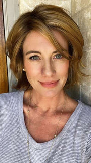 Jenny B. @thewiggygirl wearing NOLA by ELLEN WILLE in color BERNSTEIN MULTI SHADED 12.26.27 | Lightest Brown, Light Golden Blonde, and Dark Strawberry Blonde Blend with Shaded Roots 