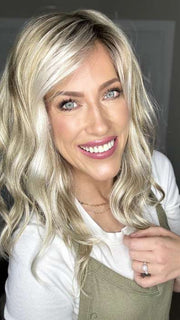 Kristyna Moore @kristynamoore wearing RACHEL LITE by JON RENAU in color FS17/101S18 PALM SPRINGS BLONDE | Light Ash Blonde with Pure White Natural Violet Bold Highlights, Shaded with Dark Natural Ash Blonde