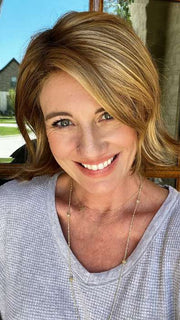 Jenny B. @thewiggygirl wearing NOLA by ELLEN WILLE in color BERNSTEIN MULTI SHADED 12.26.27 | Lightest Brown, Light Golden Blonde, and Dark Strawberry Blonde Blend with Shaded Roots 