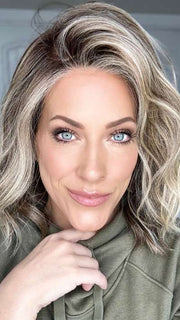 Kristyna Moore @kristynamoore wearing SIMMER by RAQUEL WELCH WIGS in color RL12/22SS SHADED CAPPUCCINO | Light Golden Brown Evenly Blended with Cool Platinum Blonde Highlights with Dark Roots