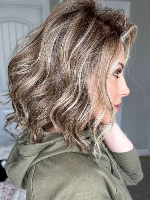 Kristyna Moore @kristynamoore wearing SIMMER by RAQUEL WELCH WIGS in color RL12/22SS SHADED CAPPUCCINO | Light Golden Brown Evenly Blended with Cool Platinum Blonde Highlights with Dark Roots