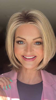 Sandy H. @i_be_wiggin wearing KRISTEN by JON RENAU in color 12FS8 SHADED PRALINE | Light Gold Brown, Light Natural Gold Blonde & Pale Natural Gold-Blonde Blend, Shaded with Medium Brown