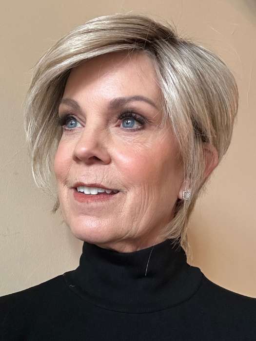 Susan Sparks @sparkles_intheworld wearing SO UPLIFTING by GABOR in color GF19-23SS BISCUIT | Light Ash Blonde Evenly Blended with Cool Platinum Blonde with Dark Roots