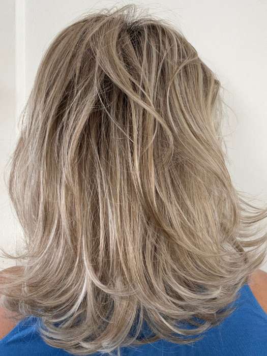 Susan Sparks @sparkles_intheworld wearing GODDESS by RAQUEL WELCH WIGS in color RL19/23SS SHADED BISCUIT | Light Ash Blonde Evenly Blended with Cool Platinum Blonde and Dark Roots