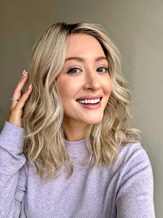 Steph @wigswithsteph wearing ALLURING LOCKS by GABOR in color GF19-23SS BISCUIT | Light Ash Blonde Evenly Blended with Cool Platinum Blonde with Dark Roots