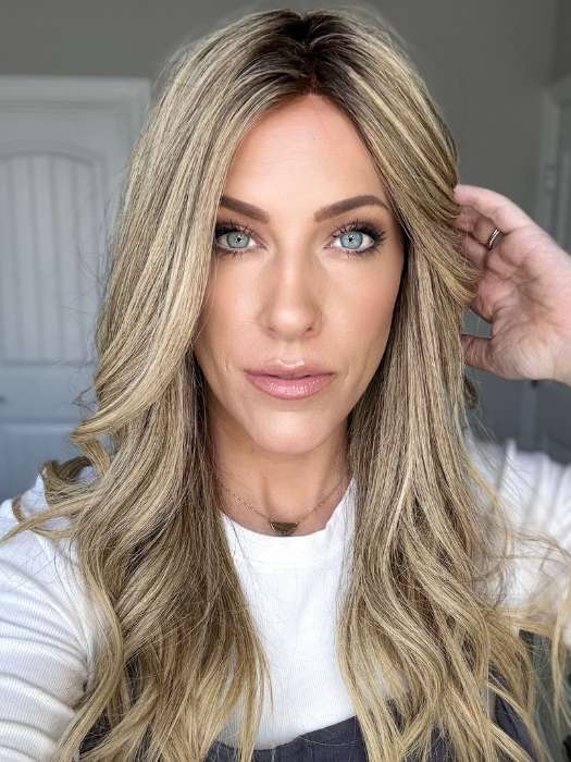 Kristyna @kristynamoore wears BRENNA (curled) by JON RENAU in color 24BT18S8 SHADED MOCHA | Medium Natural Ash Blonde and Light Natural Gold Blonde Blend, Shaded with Medium Brown | The wig pictured has been heat styled