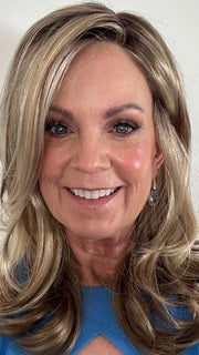 Susan @sparkles_intheworld wearing MIRANDA by JON RENAU in color 12FS8 SHADED PRALINE | Light Gold Brown, Light Natural Gold Blonde & Pale Natural Gold-Blonde Blend, Shaded with Medium Brown