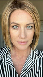 Jenny B. @thewiggygirl wearing LIA II by ELLEN WILLE in color LIGHT BERNSTEIN ROOTED 12.26.27 | Lightest Brown, Light Golden Blonde and Dark Strawberry Blonde Blend with Dark Shaded Roots