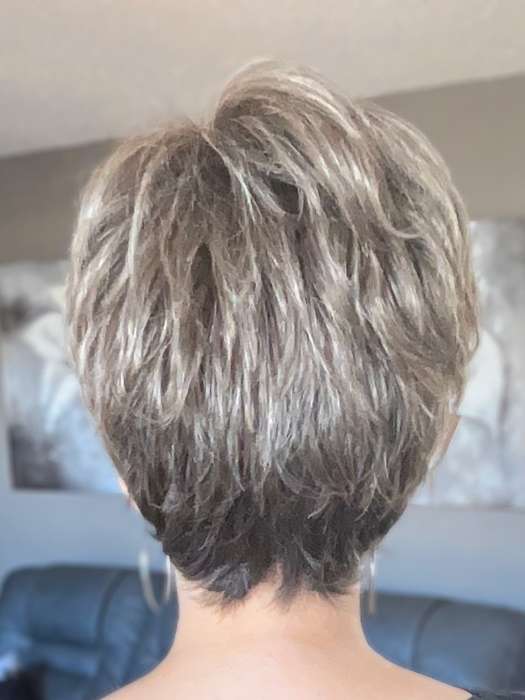 Donna @style.me.ageless wearing CHOPPED PIXIE by TRESSALLURE in color 52/38/49/R8 | 3 Tones of Grey blended with Dark Brown Roots