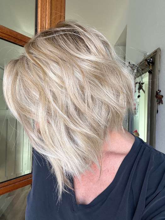 Jenny B. @thewiggygirl wearing SKYLAR by JON RENAU in color FS17/101S18 PALM SPRINGS BLONDE | Light Ash Blonde with Pure White Natural Violet Bold Highlights, Shaded with Dark Natural Ash Blonde