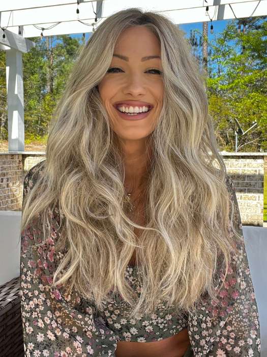 Jenna Fail @jenna_fail wearing PERFECT BLEND by BELLETRESS in color ROOTBEER FLOAT BLONDE | A Blend of Light Pearl Blonde, Ash Blonde, Beige Blonde, Champagne Blonde, and Platinum Blonde with a Light and Medium Brown Root. FB MAIN IMAGE