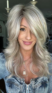 Jenna Fail @jenna_fail wearing STROKE OF GENIUS by RAQUEL WELCH WIGS in color RL19/23SS SHADED BISCUIT | Light Ash Blonde Evenly Blended with Cool Platinum Blonde with Dark Roots