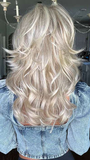 Jenna Fail @jenna_fail wearing STROKE OF GENIUS by RAQUEL WELCH WIGS in color RL19/23SS SHADED BISCUIT | Light Ash Blonde Evenly Blended with Cool Platinum Blonde with Dark Roots