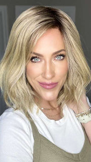 Kristyna Moore @kristynamoore wearing SKYLAR by JON RENAU in color 22F16S8 VENICE BLONDE | Light Ash Blonde and Light Natural Blonde Blend Shaded with Medium Brown