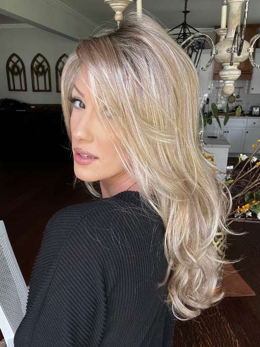 Jenna Fail @jenna_fail wearing MILES OF STYLE by RAQUEL WELCH WIGS in color SS14/88 SHADED GOLDEN WHEAT | Dark Blonde Evenly Blended with Pale Blonde Highlights and Dark Roots