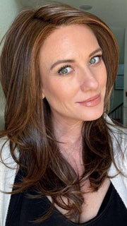 Jenny B @thewiggygirl wearing BEVERLY HILLS by BELLETRESS in MOCHA MAPLE BROWN | A mix of Dark Brown, Medium Brown, Light Auburn, Medium Strawberry
