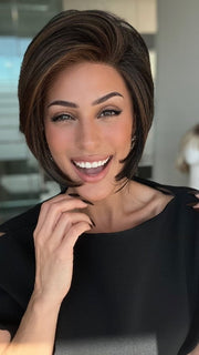 ROXIE wearing IGNITE by JON RENAU in 1BRH30 DARK CHOCOLATE CHERRY GANACHE | Soft Black with 33% Gold-Red Highlights