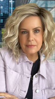 Donna van Lier-Grieve @style.me.ageless wearing BEAMING BEAUTY by GABOR in GF19-23SS BISCUIT | Light Ash Blonde Evenly Blended with Cool Platinum Blonde with Dark Roots