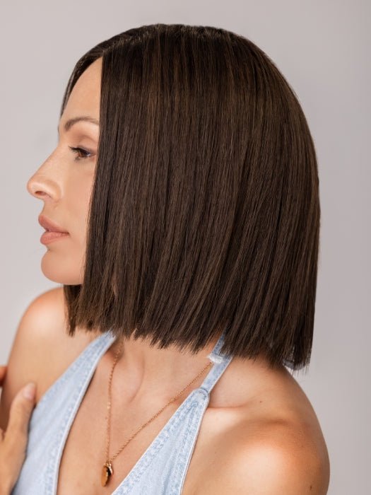 Roxie is wearing LIA ll by ELLEN WILLE in COFFEE BROWN ROOTED 6.8.4 | Dark Brown, Medium Brown and Darkest Brown with Dark Shaded Roots